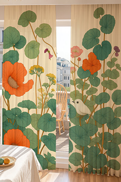 Else Dekor Vintage Nature Flowers Patterned Double Winged Tulle Curtain Living Room Hall Kitchen 140X260Cm