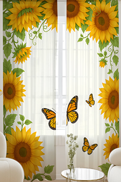 Else Dekor Κουρτίνα από τούλι με μοτίβο λουλουδιών ηλίανθου με διπλά φτερά για σαλόνι σαλόνι κουζίνα 140x260cm