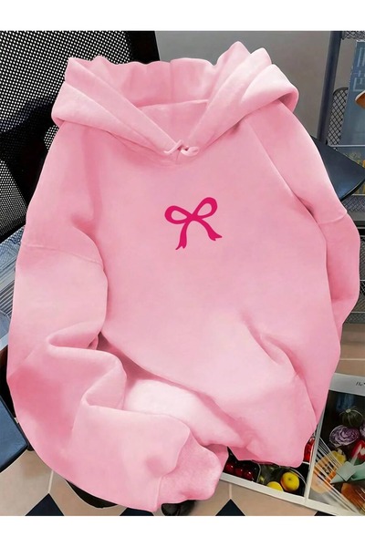 OVER HEAD سويت شيرت هودي نسائي وردي اللون مطبوع بشريط صغير من 3 خيوط