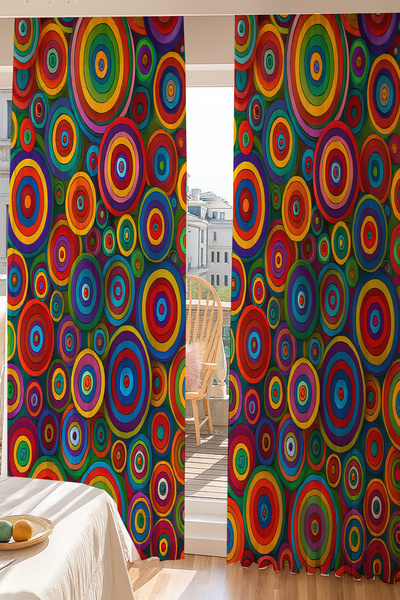 Else Dekor Colorful Retro Ring Pattern Double Winged Tulle Curtain for Living Room Hall Kitchen 140X260Cm