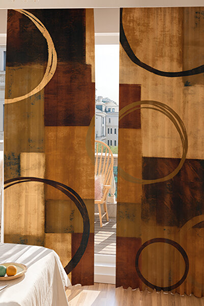 Else Dekor Brown Geometric Circle and Square Patterned Double Panel Tulle Curtain Living Room Lounge Kitchen