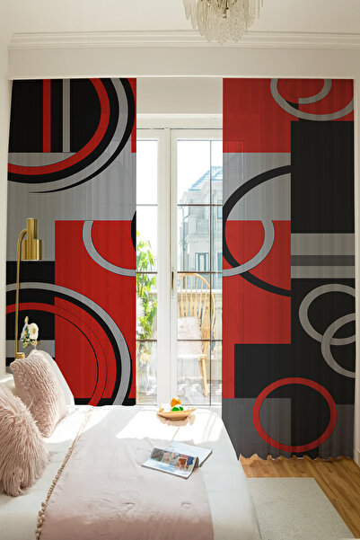 Else Dekor Red Black Gray Geometric Patterned Double Winged Tulle Curtain Living Room Hall Kitchen 140X260Cm