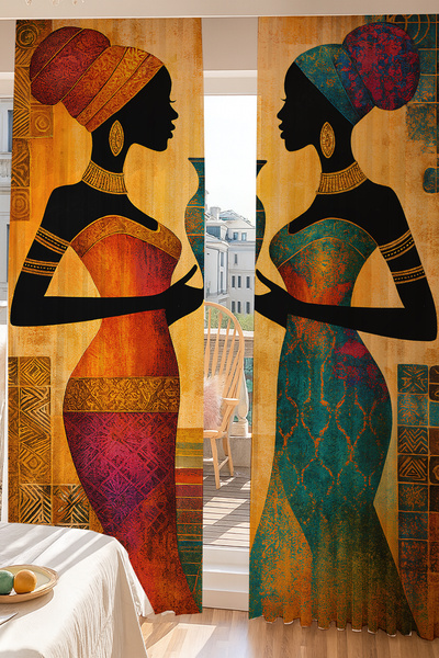 Else Dekor African Silhouette Woman Ethnic Patterned Double Winged Tulle Curtain for Living Room Lounge Kitchen 140X260Cm