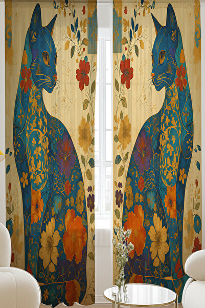 3D ELSE HALI Vintage Kedi Çiçek Desenli Çift Kanatlı Tül Perde Oturma Odası S...