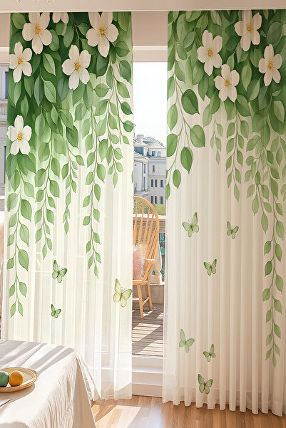 Else Dekor Green Leafed Flowers Butterfly Patterned Double Winged Tulle Curtain Living Room Hall Kitchen