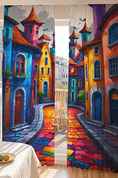 Else Dekor Colorful Street View Patterned Double Winged Tulle Curtain Living Room Hall Kitchen 140X260Cm