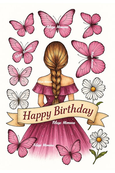 telaşe memuru Butterfly Girl and Happy Birthday Edible Cake Image Print - Edi...