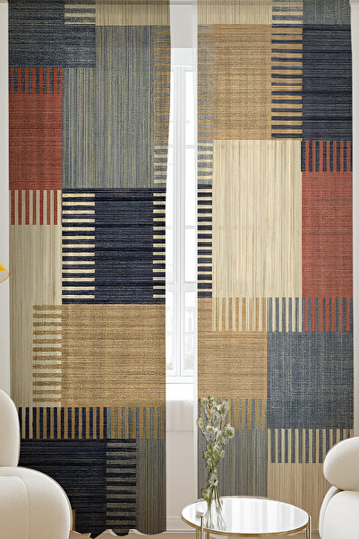 Else Dekor Vintage Geometrik Desenli Çift Kanatlı Tül Perde Oturma Odası Salo...