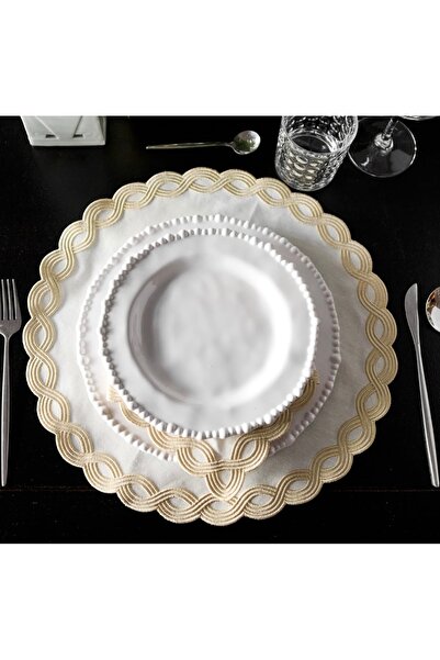 Table Alp Krem Gold Nakışlı Amerikan Servis & Peçete 8’li Set 4 Servis 4 peçete