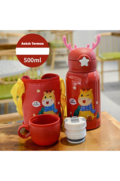 jojobebek Kırmızı Renk Premium Paslanmaz Çelik Figürlü Askılı Çocuk Termos, 5...