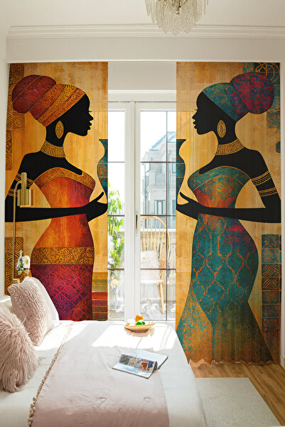 Else Dekor African Silhouette Woman Ethnic Patterned Double Winged Tulle Curtain for Living Room Lounge Kitchen 140X260Cm