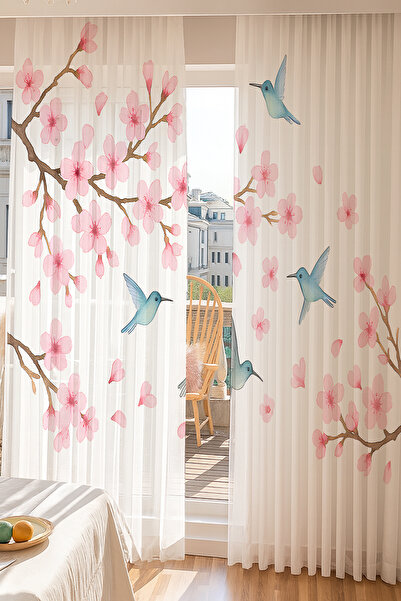 Else Dekor Ανοιξιάτικο θέμα Ροζ λουλούδια με μοτίβο πουλιών με διπλά φτερά τούλι κουρτίνα σαλονιού Σαλόνι κουζίνα