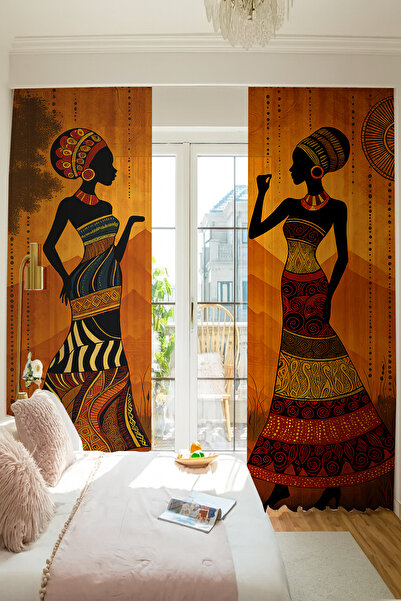 Else Dekor African Ethnic Woman Patterned Double Winged Tulle Curtain for Living Room Lounge Kitchen 140X260Cm
