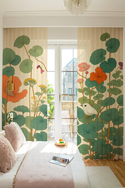 Else Dekor Vintage Nature Flowers Patterned Double Winged Tulle Curtain Living Room Hall Kitchen 140X260Cm