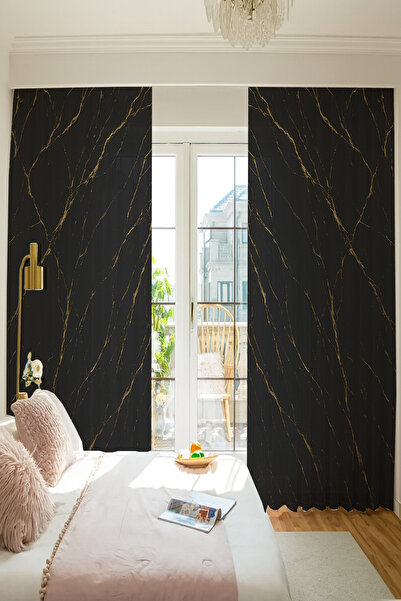 Else Dekor Yellow Black Marble Patterned Double Winged Tulle Curtain Living Room Hall Kitchen 140X260Cm