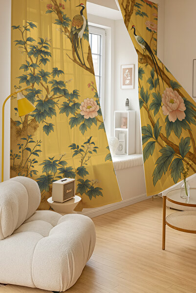 Else Halı Sarı Turna Kuşu Çiçekler Desenli Çift Kanatlı Tül Perde Oturma Odası Salon Mutfak 140x260cm