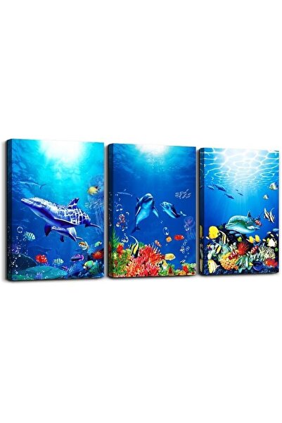Today Idea Set of 3 Framed Wall Art Panels - Blue Ocean Fish Design