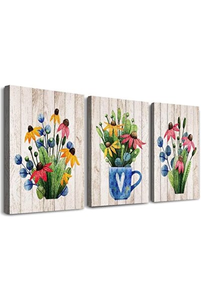 Today Idea مجموعة لوحات جدارية فنية عتيقة بخطوط خشبية مع نباتات وأزهار من توداي آيديا - 3 قطع