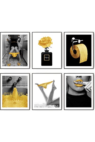 Today Idea - Modern Wall Art Prints for Bathroom Décor, Set of 6 Gold Canvas Stickers, Black and Wh