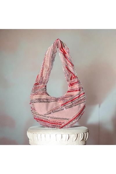 vesperatr boncuklu taşlı pembe omuz ve el çantası