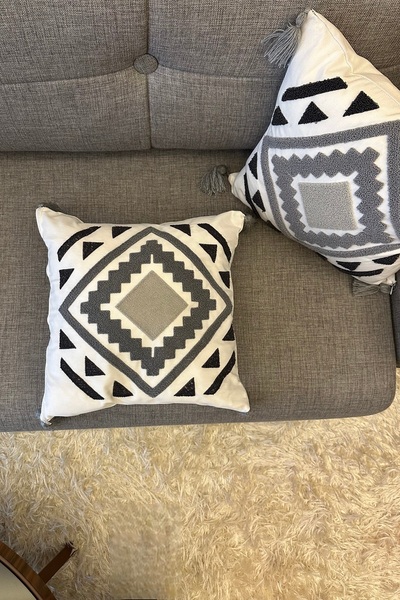 SİMEREV HALI HOME CONSEPT 2 Pieces Cream Fabric Tufted Woven Throw Pillow Case Modern Bohemian Pattern Case with Punch Embroidery