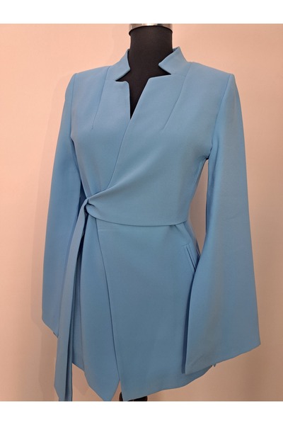 MODA Bağlama Detaylı Tasarım Kol Detaylı Mavi Rengi Asimetrik Ceket