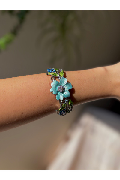 lesuvera Çelik Mavi Çiçekli Doğa Temalı Vintage Gümüş Kelepçe Bilezik Ayarlan...