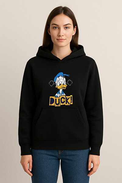 MODA سويت شيرت بقلنسوة مطبوع عليه صورة بطة (خيطين)