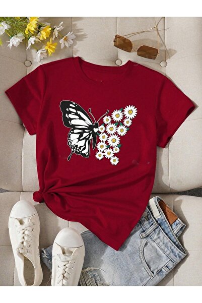 Flood Of Style Women's Burgundy Butterfly Daisy Printed Oversize