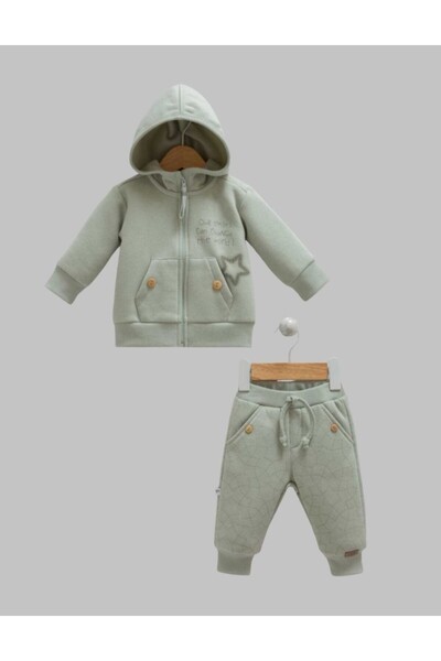 Caramell 100% Cotton 3-Thread Ribbed Hooded Baby Boy Set Winter Thick Set