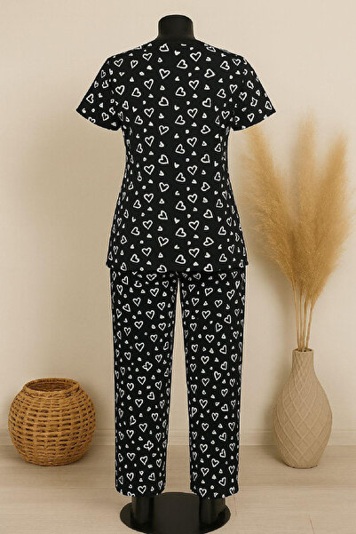 RUKOD Women's Black and White Heart Patterned Bow Short Sleeve Pajama Set