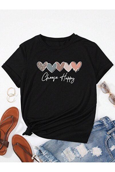 Flood Of Style Femei Black Chose Happy cu imprimeu supradimensionat