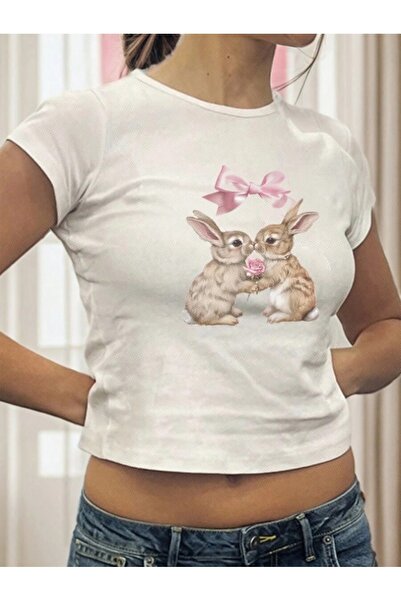 Flood Of Style Γυναικείο λευκό κορδέλα Rabbit με τύπωμα με λαιμόκοψη με στενή...