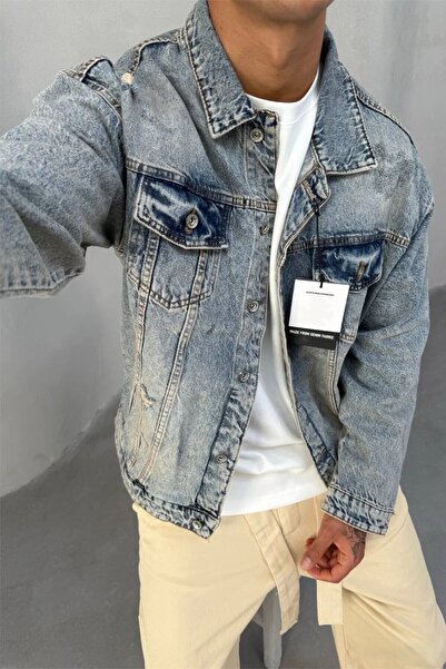 MADZEYMODA Ανδρικό τζιν μπουφάν με άνετη εφαρμογή, υφασμάτινο τζιν μπλε τζιν μπουφάν Mz612