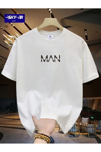 Flood Of Style Ανδρικό λευκό ριγέ μπλουζάκι Man με τύπωμα oversized