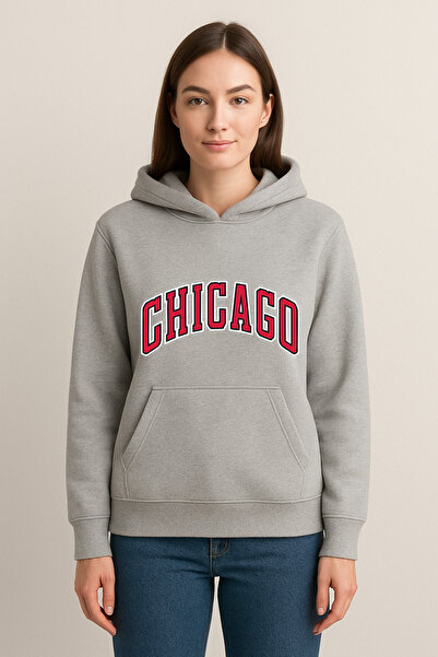 MODA سويت شيرت بقلنسوة مطبوع عليه شيكاغو (خيطين)