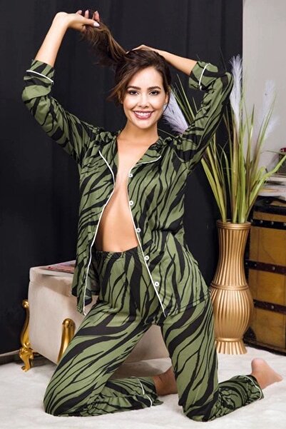 Viselya Σετ πιτζάμες από χακί μαύρο σιφόν με γιακά με κουμπιά