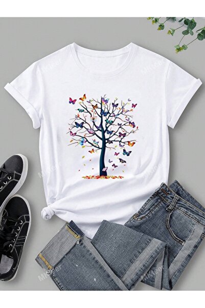 Flood Of Style Femeie Copac Fluture Alb cu imprimeu supradimensionat