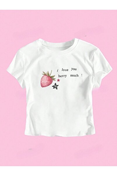 Flood Of Style Crop strâns pentru femei, alb, căpșuni cu imprimeu guler rotund