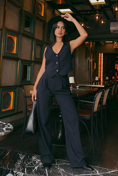 URİS Γυναικείο παντελόνι με φαρδύ πόδι με κορδόνια Polyviscon υφαντό Navy Blue