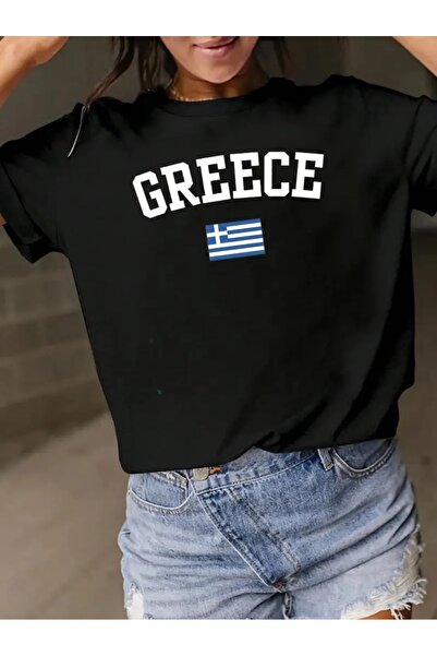 Flood Of Style علم اليونان الأسود للسيدات مطبوع عليه مقاس كبير