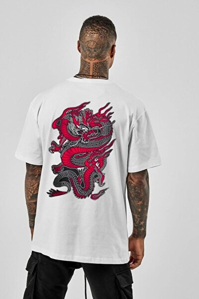 Flood Of Style مقاس كبير مطبوع عليه تنين أبيض للرجال