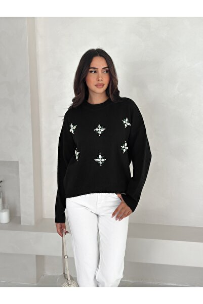 sportiness Pulover din tricot cu gât rotund cu model floral