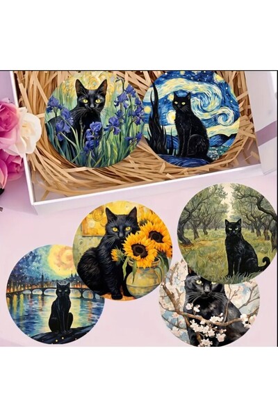 esdekor 10*10 Cm/3.94*3.94 Inch Set of 6 Wooden Coasters - Van Gogh