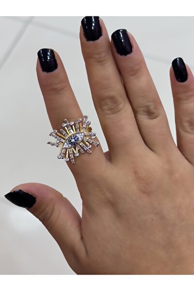 Hicrans Takı BÜYÜK NAZAR BONCUĞU MODEL TAŞLI GOLD ÇELİK YÜZÜK