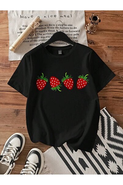 Flood Of Style Femeie neagră patru căpșuni cu imprimeu supradimensionat