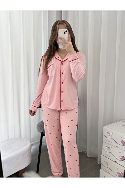 Lena Homewears Set de pijamale Milan roz cu model inimă roșie