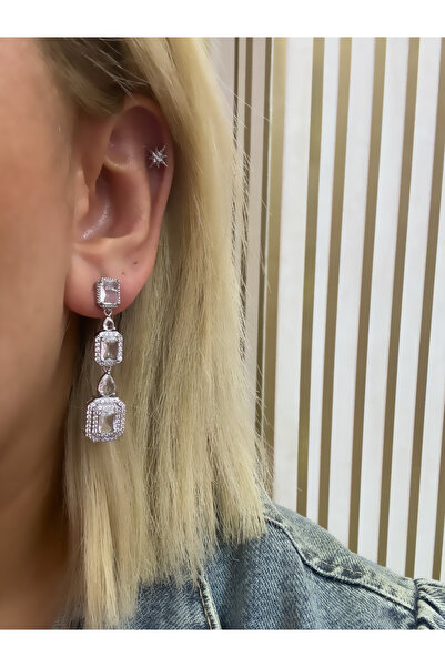 Hicrans Takı SALLANTILI ÜÇLÜ BAGET MODEL GÜMÜŞ RENK ÇELİK ABİYE KÜPE