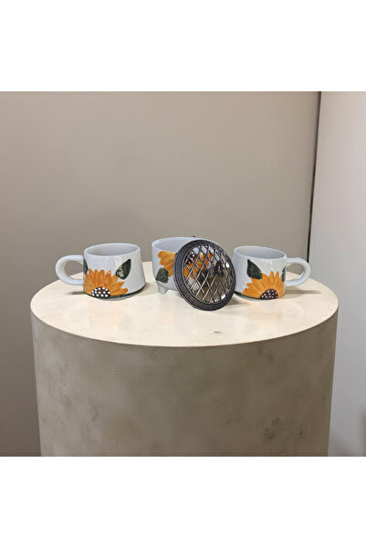 İlbay Çini Takı Sunflower Patterned 2 Classic Mugs and 1 Ayşen Sugar Bowl