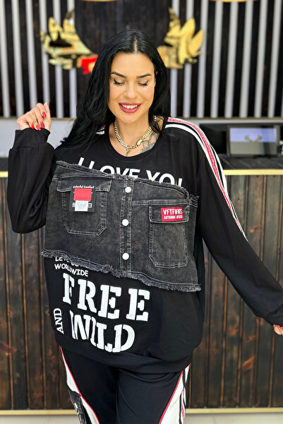 GÖKSEL JEAN DETAYLI KIRMIZI ŞERİTLİ BLUZ BÜYÜK BEDEN